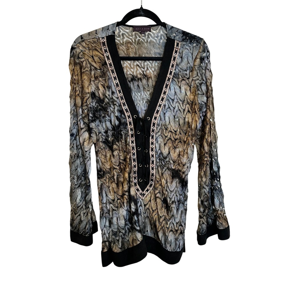 Hale Bob Knit Tunic Shirt Size M Black Gold Lace Up Metallic V Neck Bell Sleeve